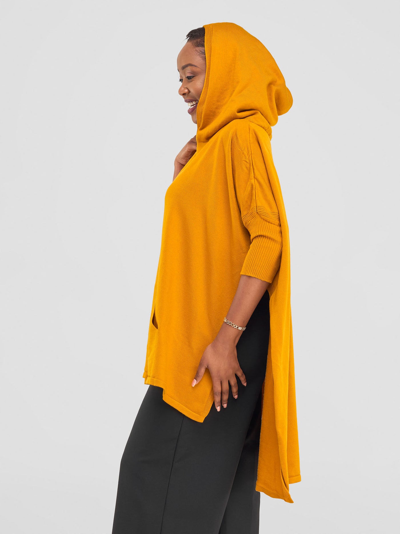 Vivo Hoodie High Low Poncho - Mustard