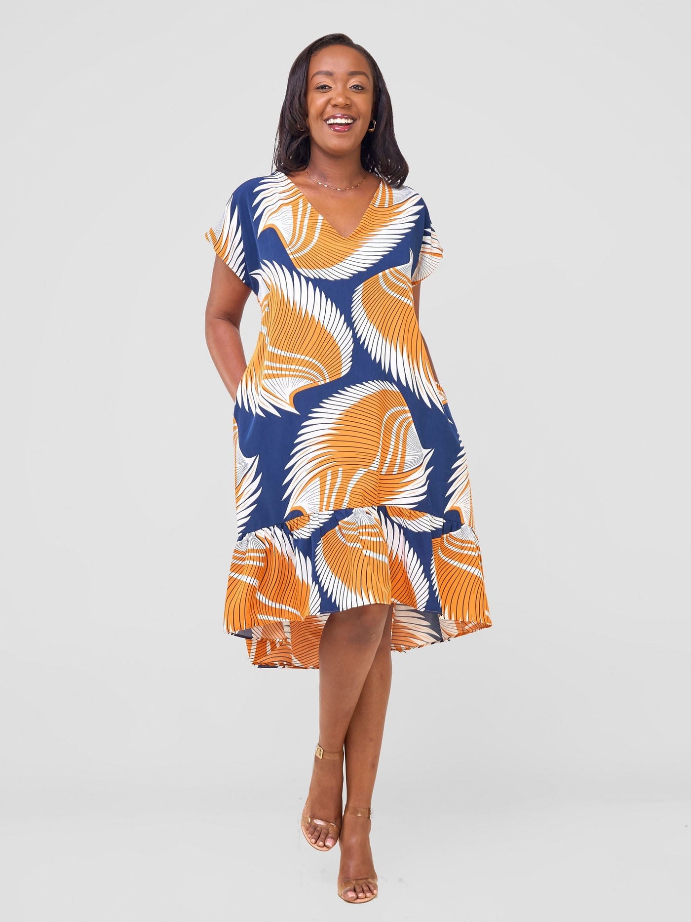 Vivo Asha Drop Shoulder Knee Length Dress - Navy / Orange Nala Print - Shopzetu