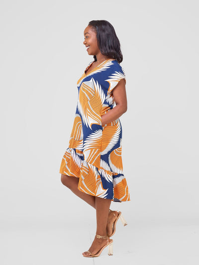 Vivo Asha Drop Shoulder Knee Length Dress - Navy / Orange Nala Print - Shopzetu