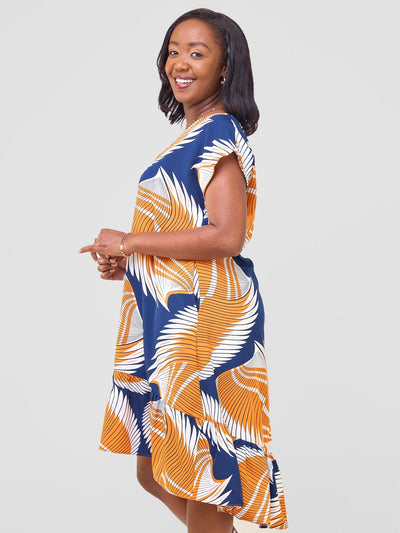 Vivo Asha Drop Shoulder Knee Length Dress - Navy / Orange Nala Print - Shopzetu