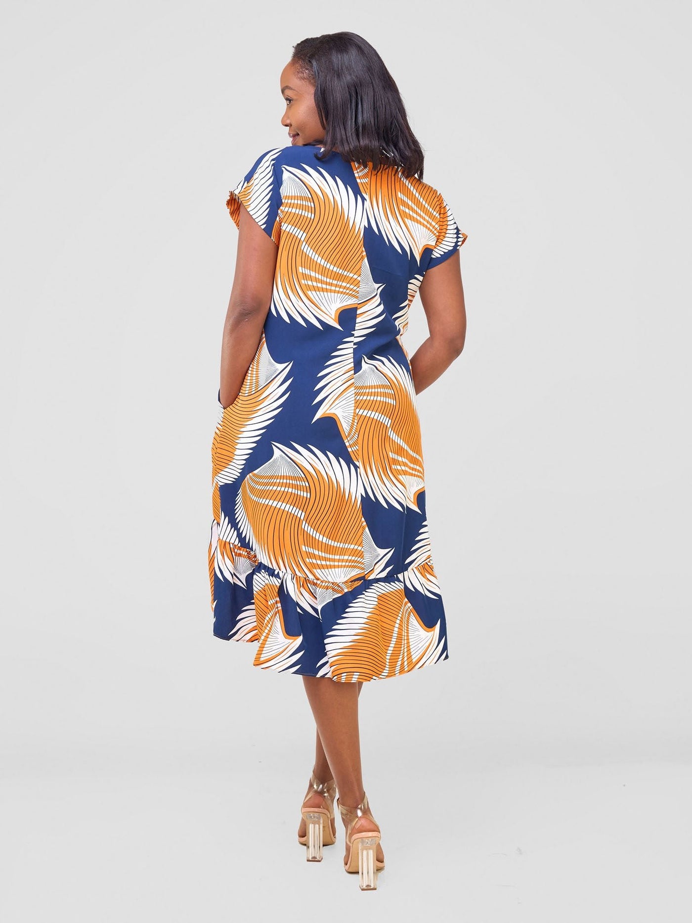 Vivo Asha Drop Shoulder Knee Length Dress - Navy / Orange Nala Print - Shopzetu