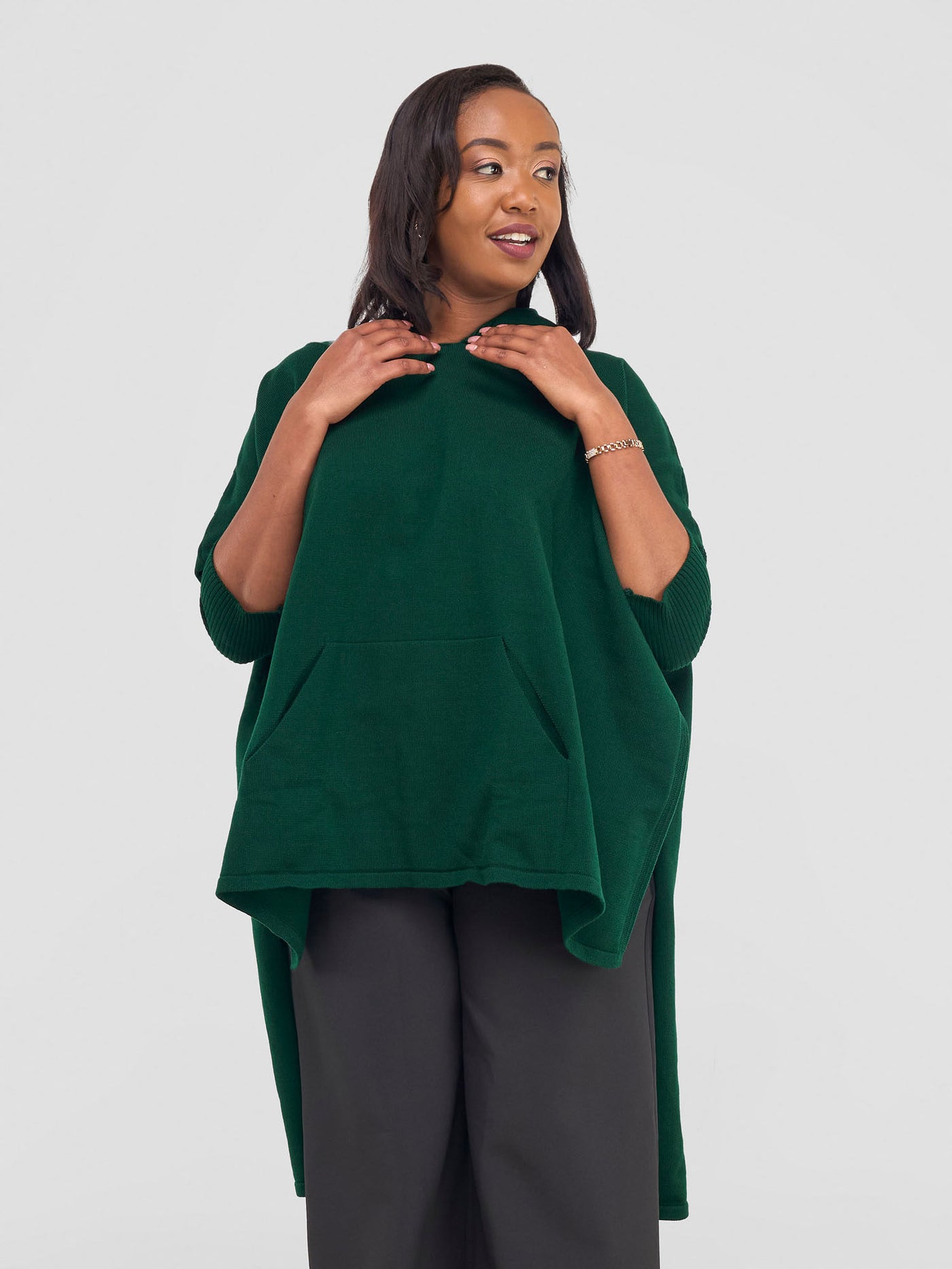 Hoodie High Low Poncho - Forest Green