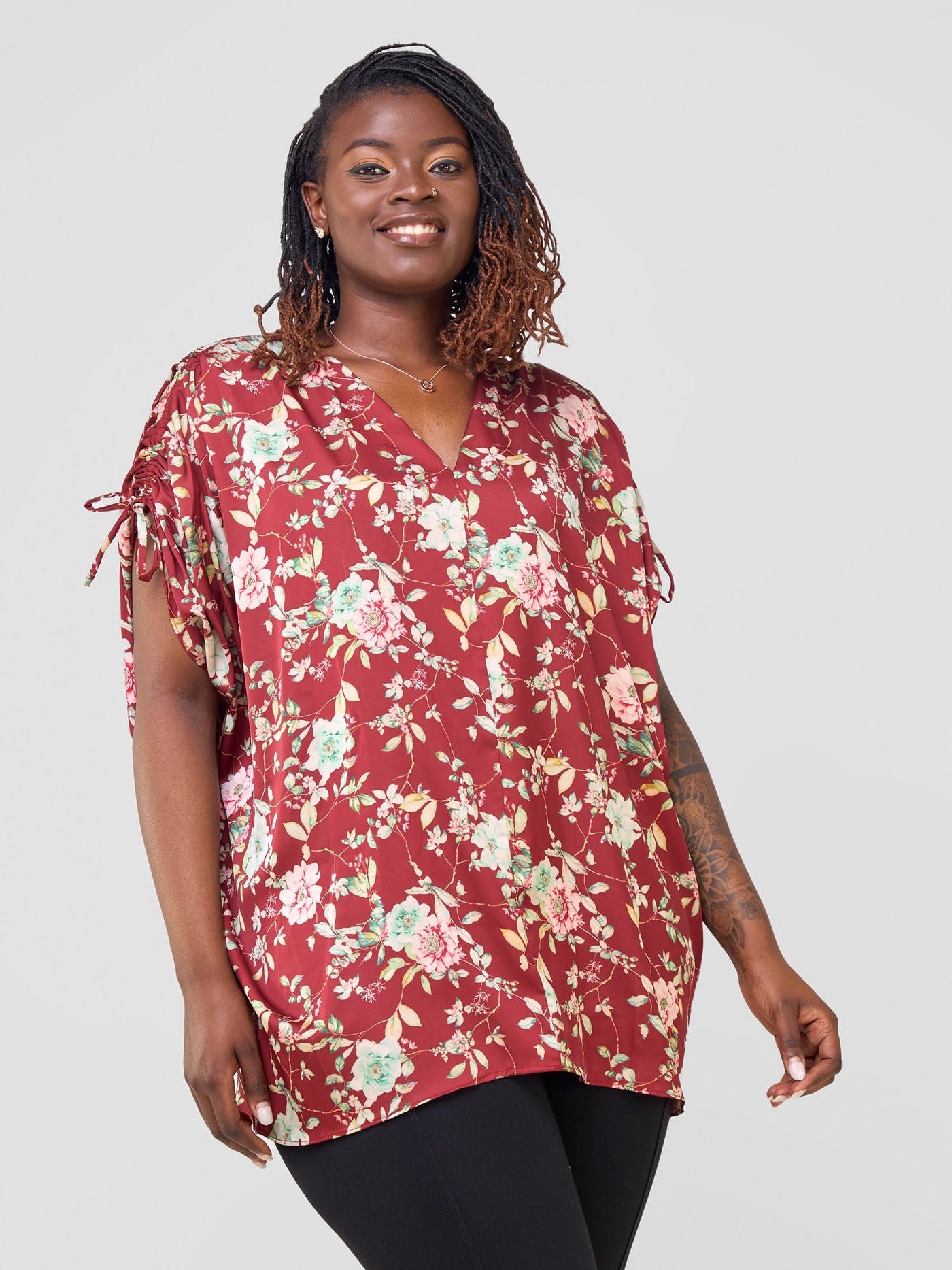 Vivo Jamila Dolman Drawstring Tunic Top - Maroon Floral Print - Shopzetu