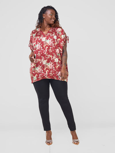 Vivo Jamila Dolman Drawstring Tunic Top - Maroon Floral Print - Shopzetu