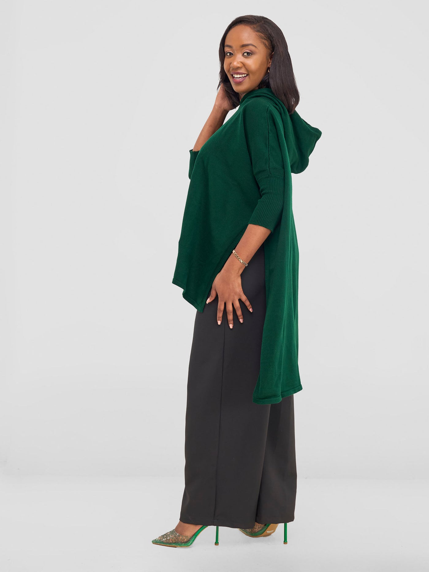 Hoodie High Low Poncho - Forest Green