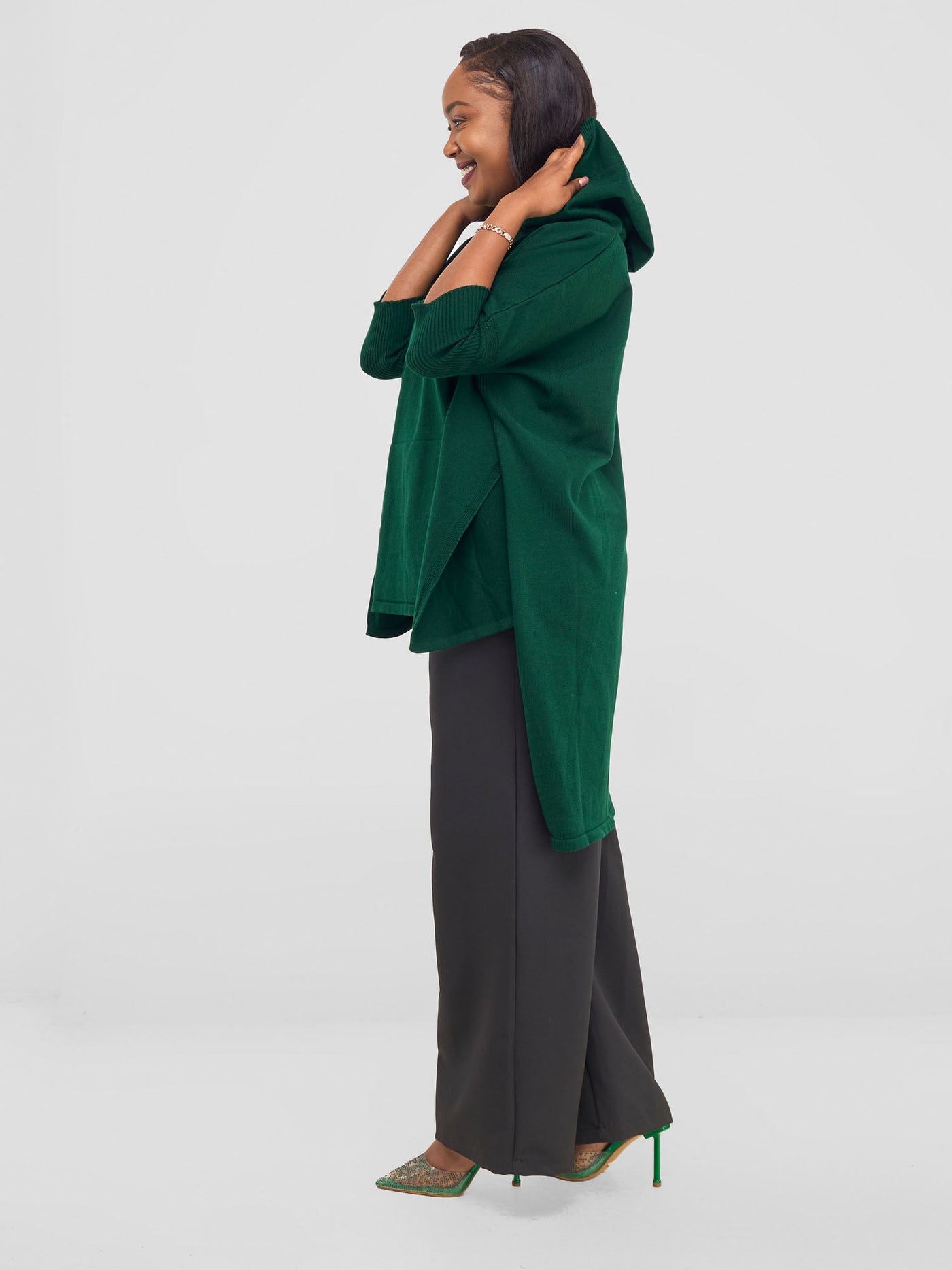 Hoodie High Low Poncho - Forest Green