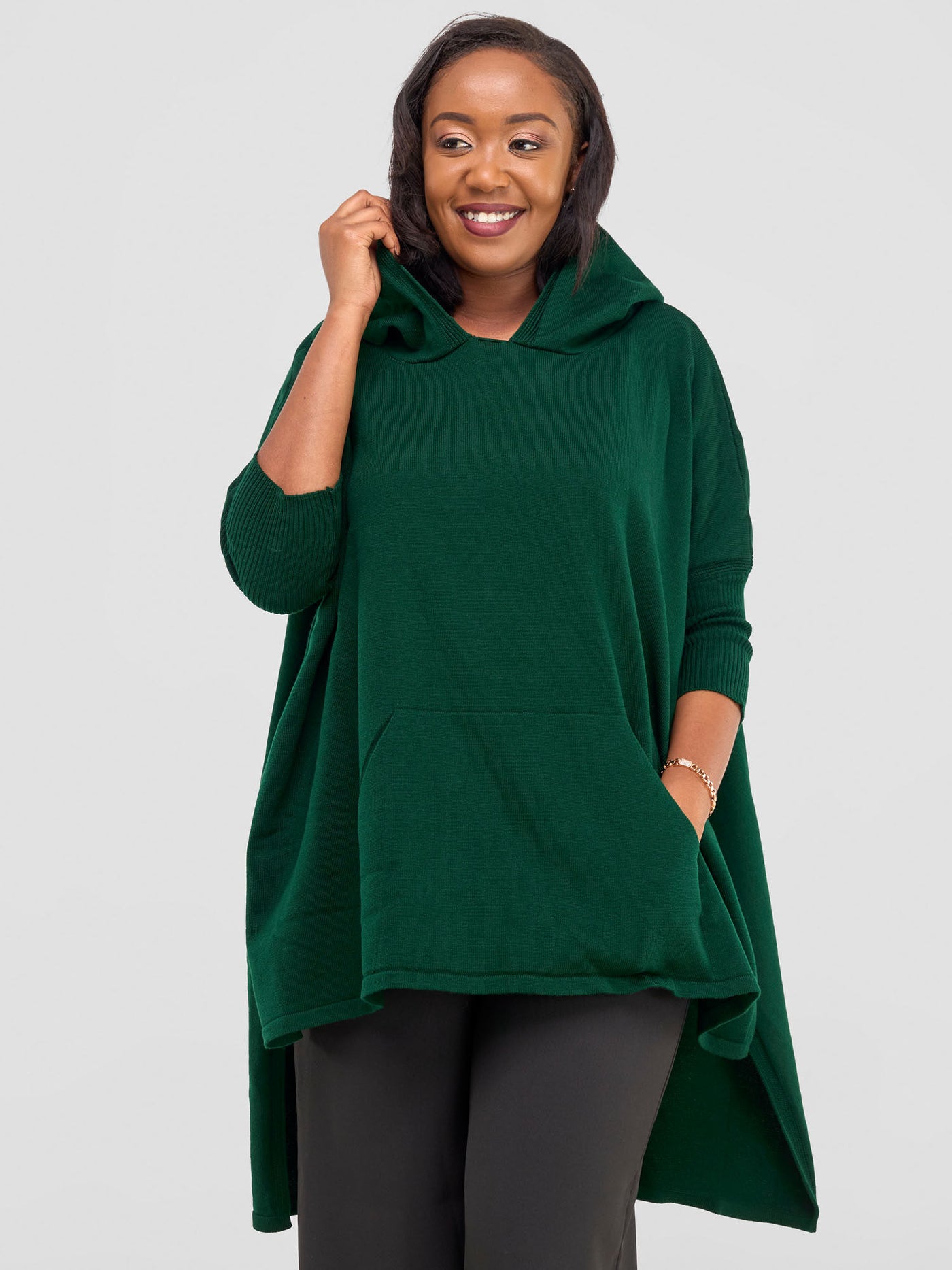 Hoodie High Low Poncho - Forest Green