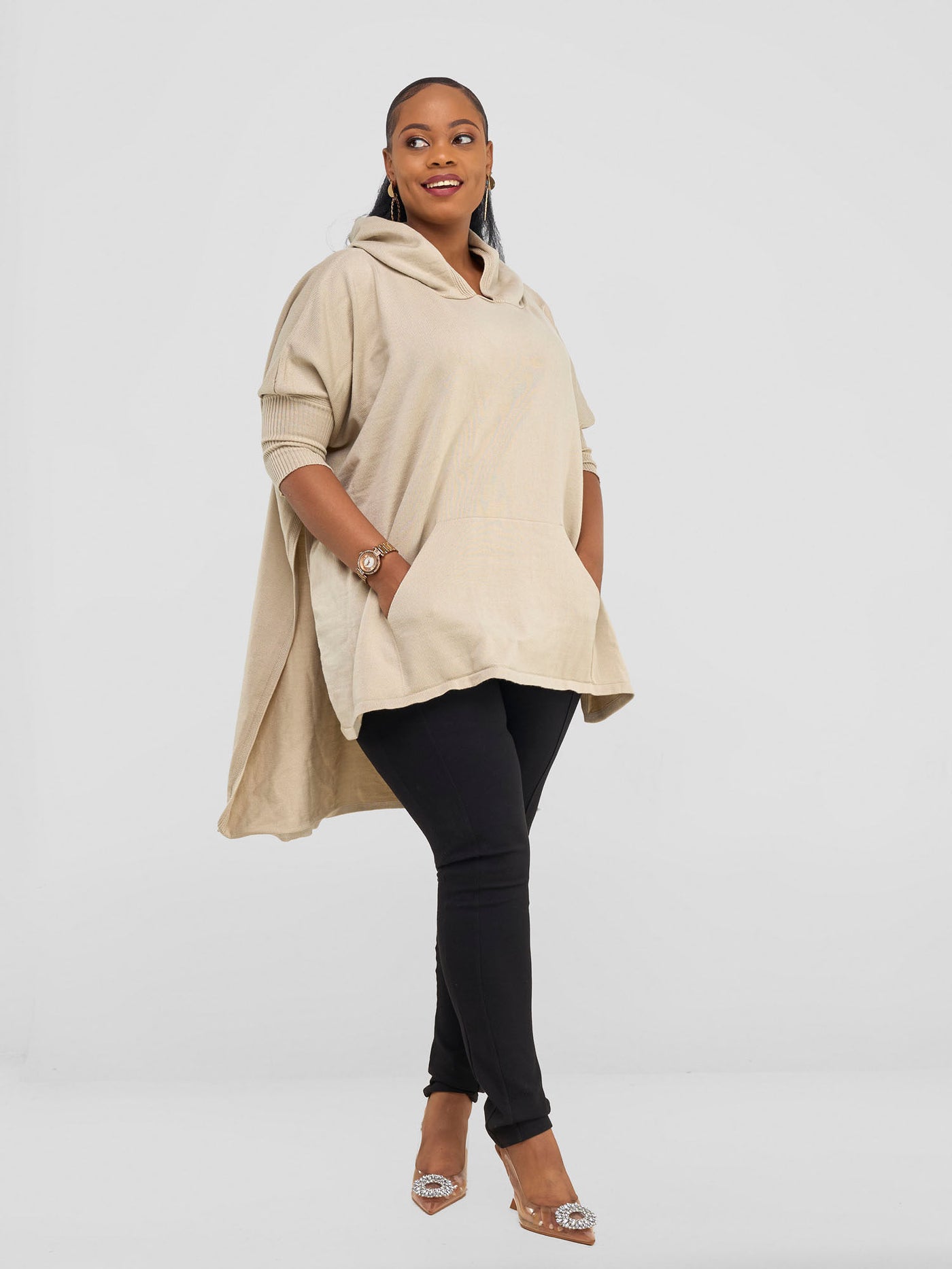 Hoodie High Low Poncho - Beige