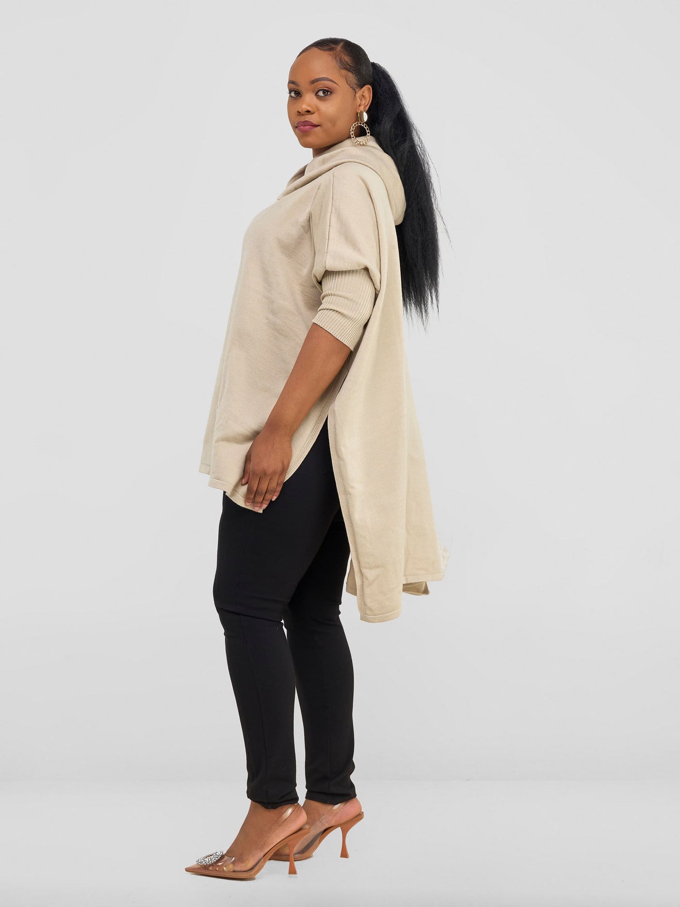 Hoodie High Low Poncho - Beige