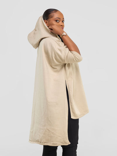 Hoodie High Low Poncho - Beige