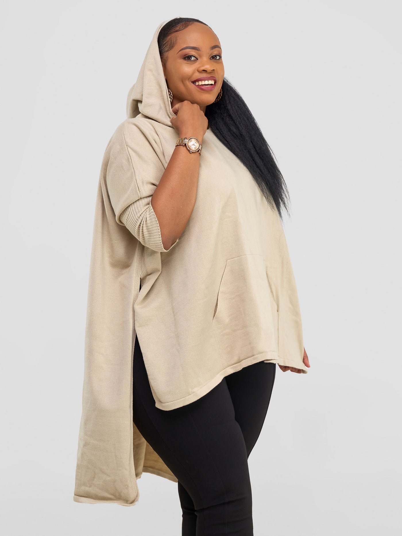 Hoodie High Low Poncho - Beige