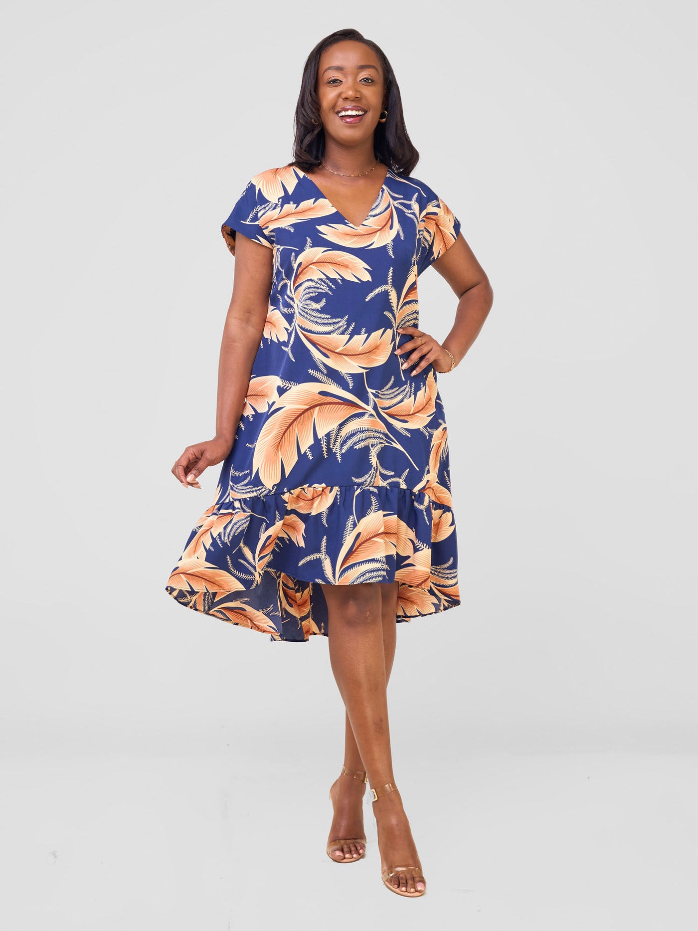 Vivo Asha Drop Shoulder Knee Length Dress - Navy Habo Print - Shopzetu