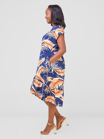 Vivo Asha Drop Shoulder Knee Length Dress - Navy Habo Print - Shopzetu