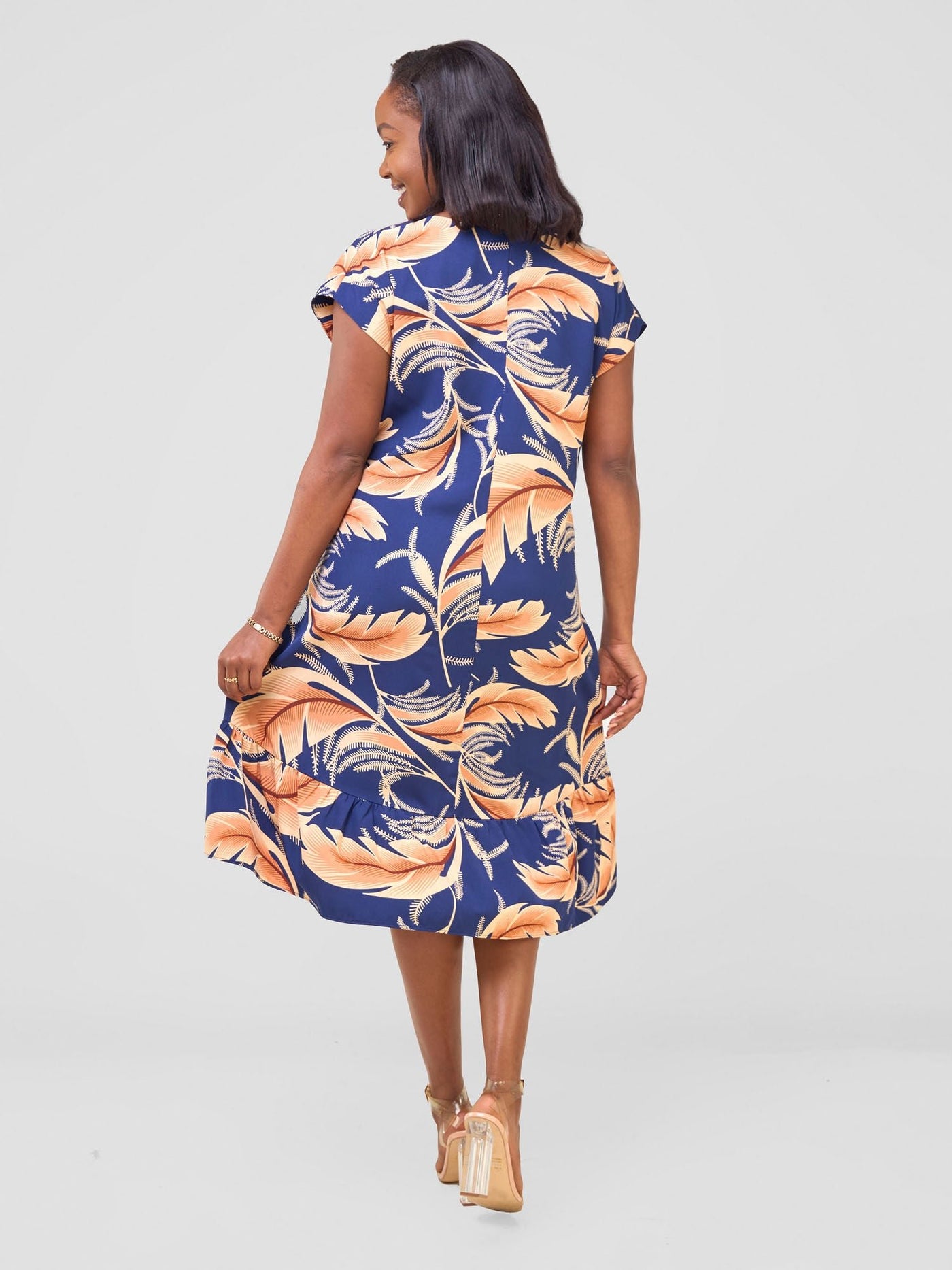 Vivo Asha Drop Shoulder Knee Length Dress - Navy Habo Print - Shopzetu