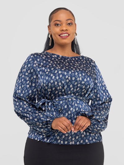 Vivo Basic Satin Bishop Sleeved Top - Navy Teli Print - Shopzetu