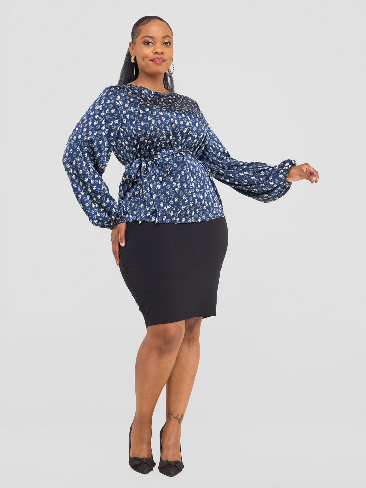 Vivo Basic Satin Bishop Sleeved Top - Navy Teli Print - Shopzetu