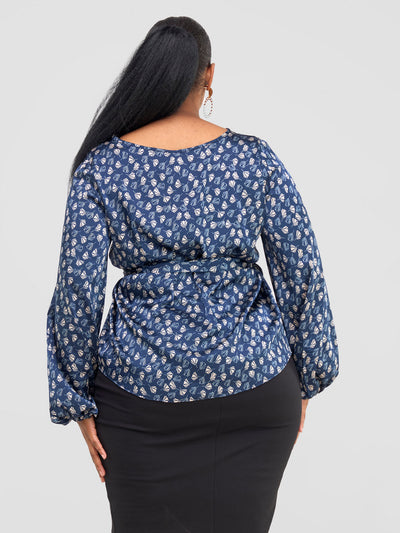 Vivo Basic Satin Bishop Sleeved Top - Navy Teli Print - Shopzetu