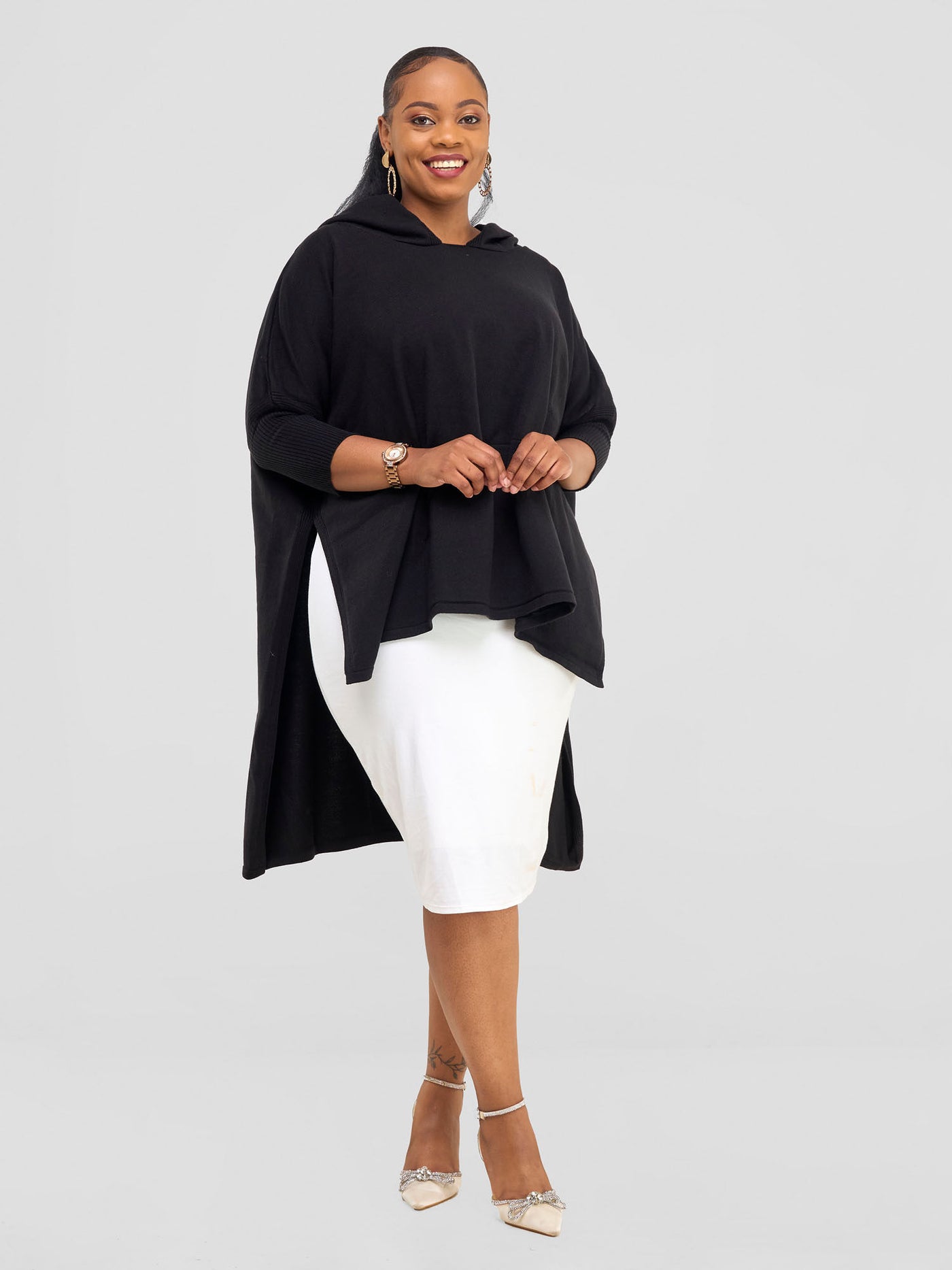 Hoodie High Low Poncho - Black