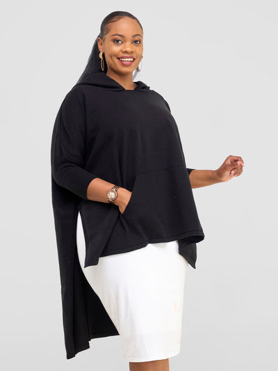 Hoodie High Low Poncho - Black