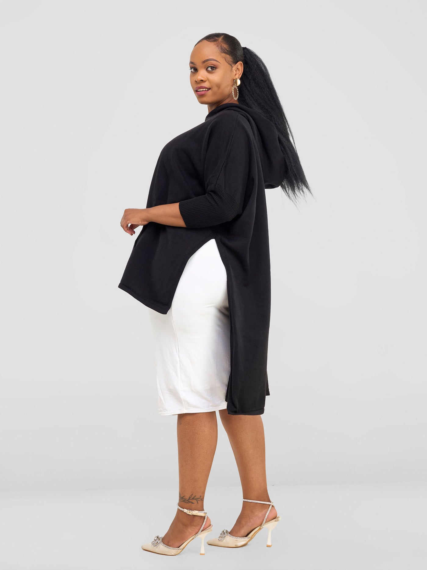 Hoodie High Low Poncho - Black