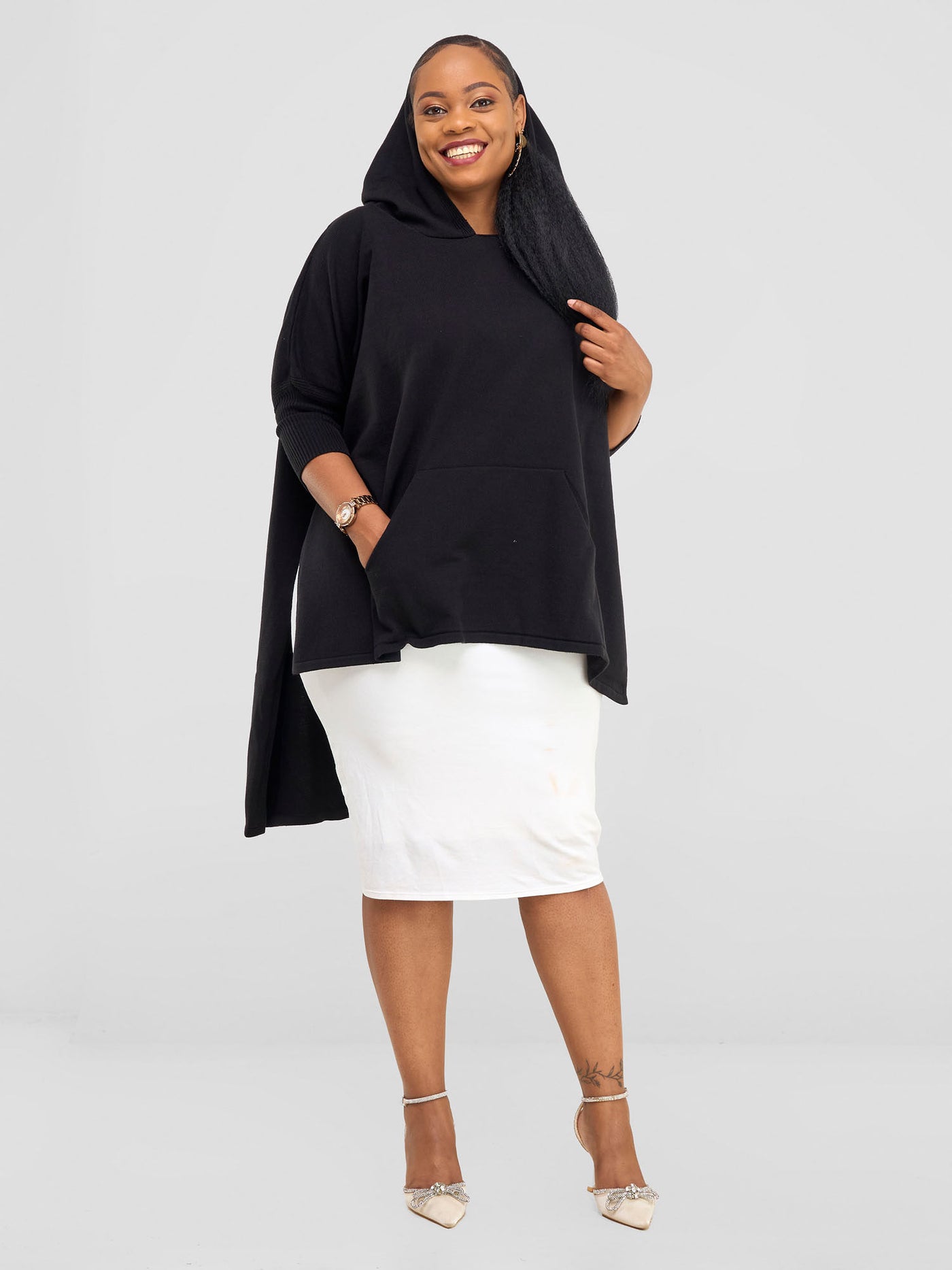 Hoodie High Low Poncho - Black