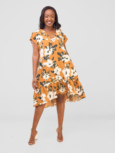 Vivo Asha Drop Shoulder Knee Length Dress - Orange / Cream Bule Print - Shopzetu