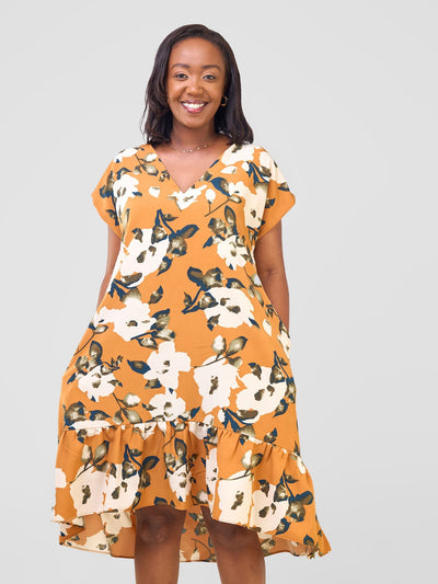 Vivo Asha Drop Shoulder Knee Length Dress - Orange / Cream Bule Print - Shopzetu