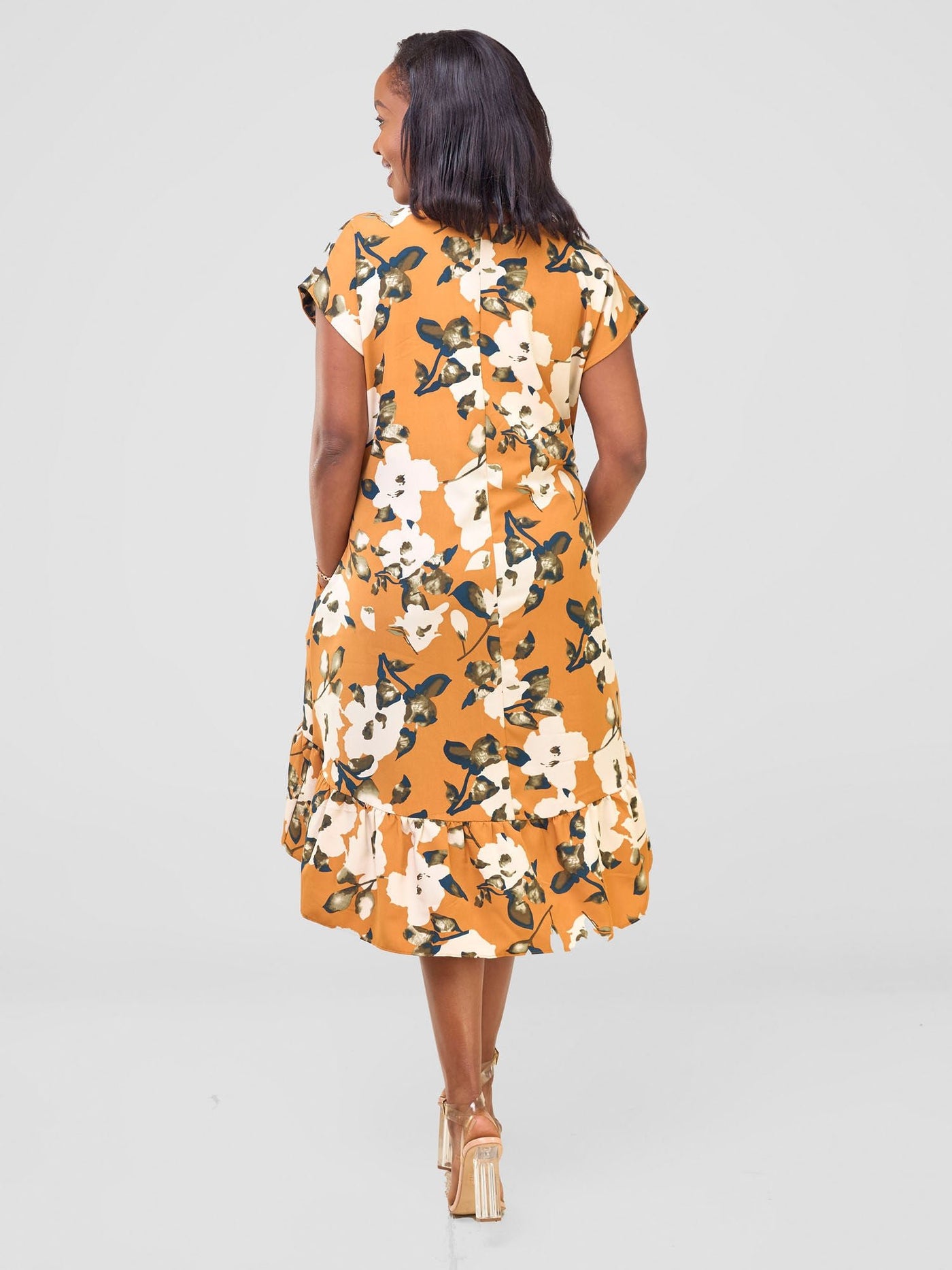 Vivo Asha Drop Shoulder Knee Length Dress - Orange / Cream Bule Print - Shopzetu