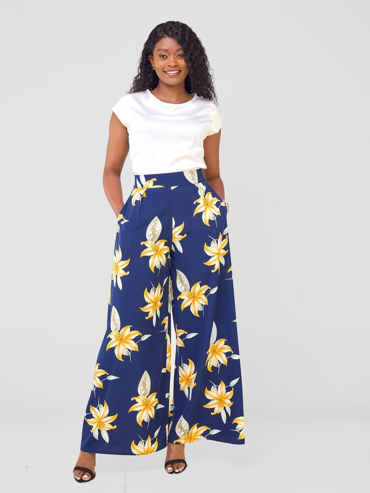 Vivo Basic Crepe Pants - Navy / Orange Aber Print - Shopzetu