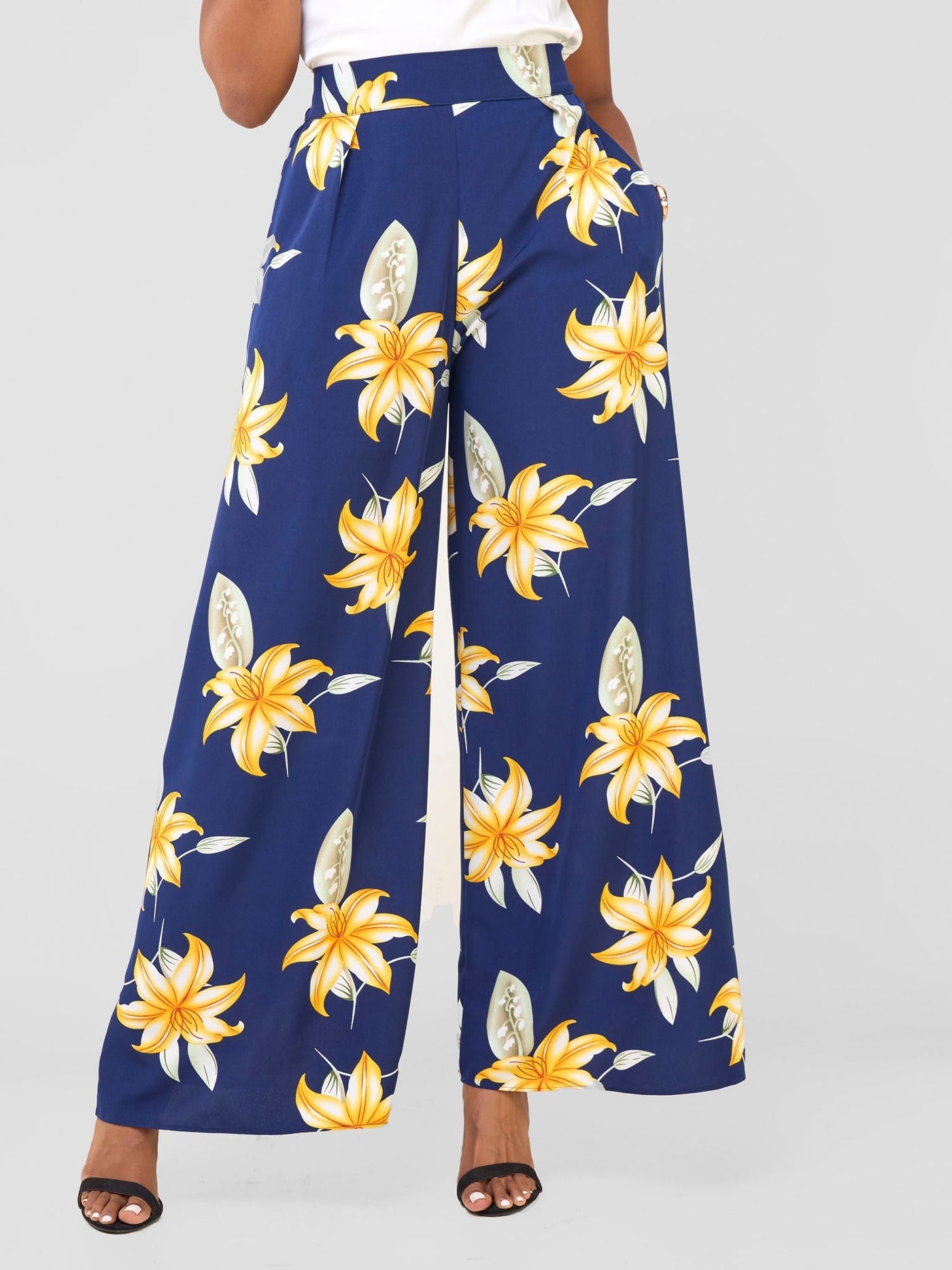 Vivo Basic Crepe Pants - Navy / Orange Aber Print - Shopzetu