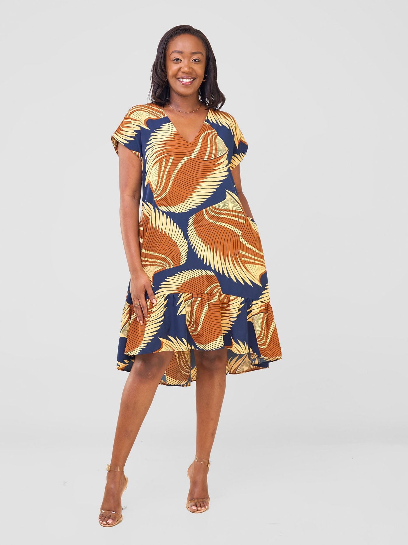 Vivo Asha Drop Shoulder Knee Length Dress - Black Aku Print - Shopzetu