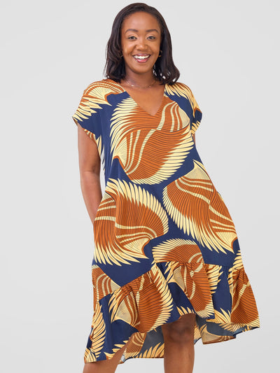 Vivo Asha Drop Shoulder Knee Length Dress - Black Aku Print - Shopzetu