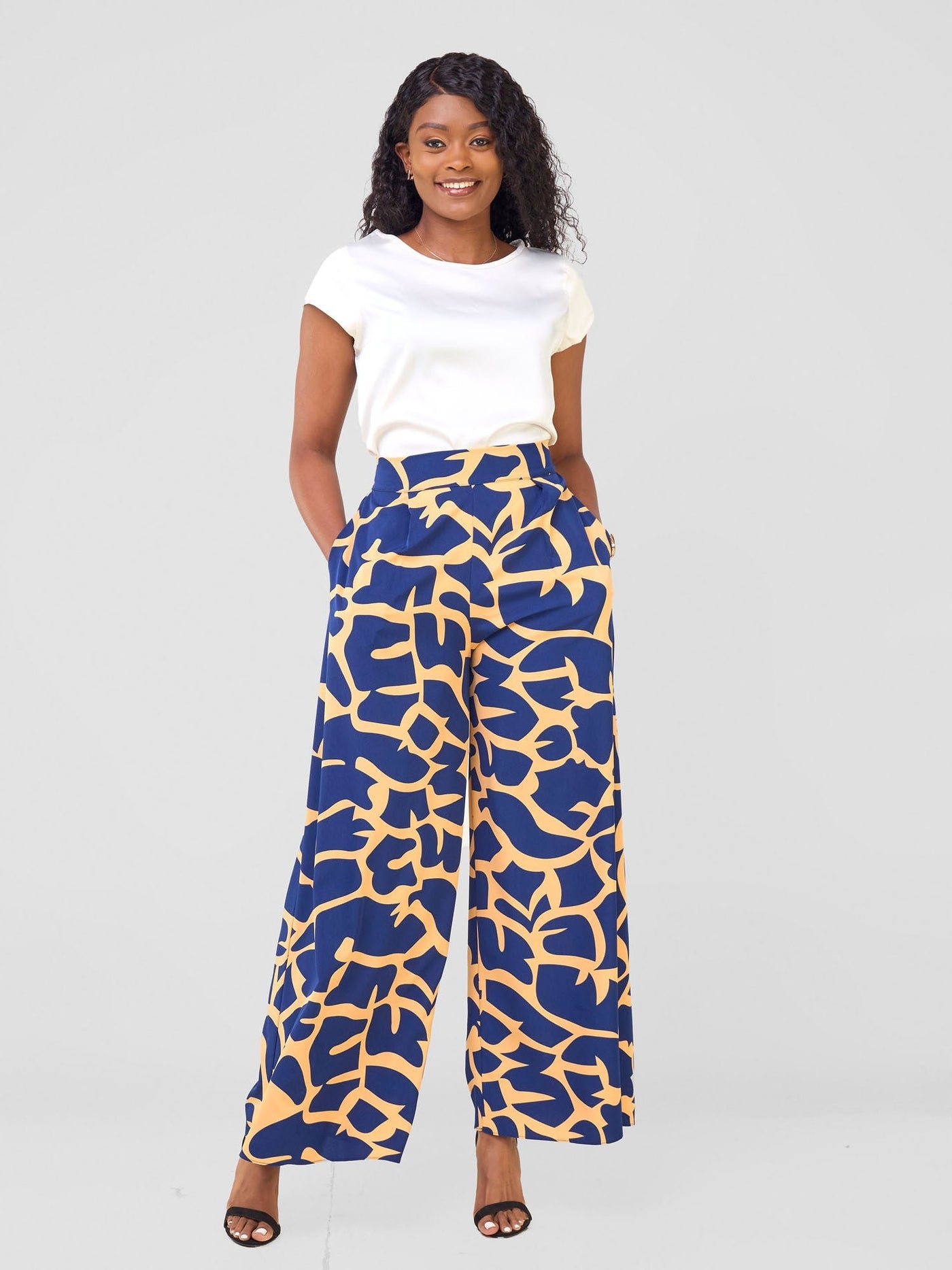 Vivo Basic Crepe Pants - Navy / Orange Liwa Print - Shopzetu