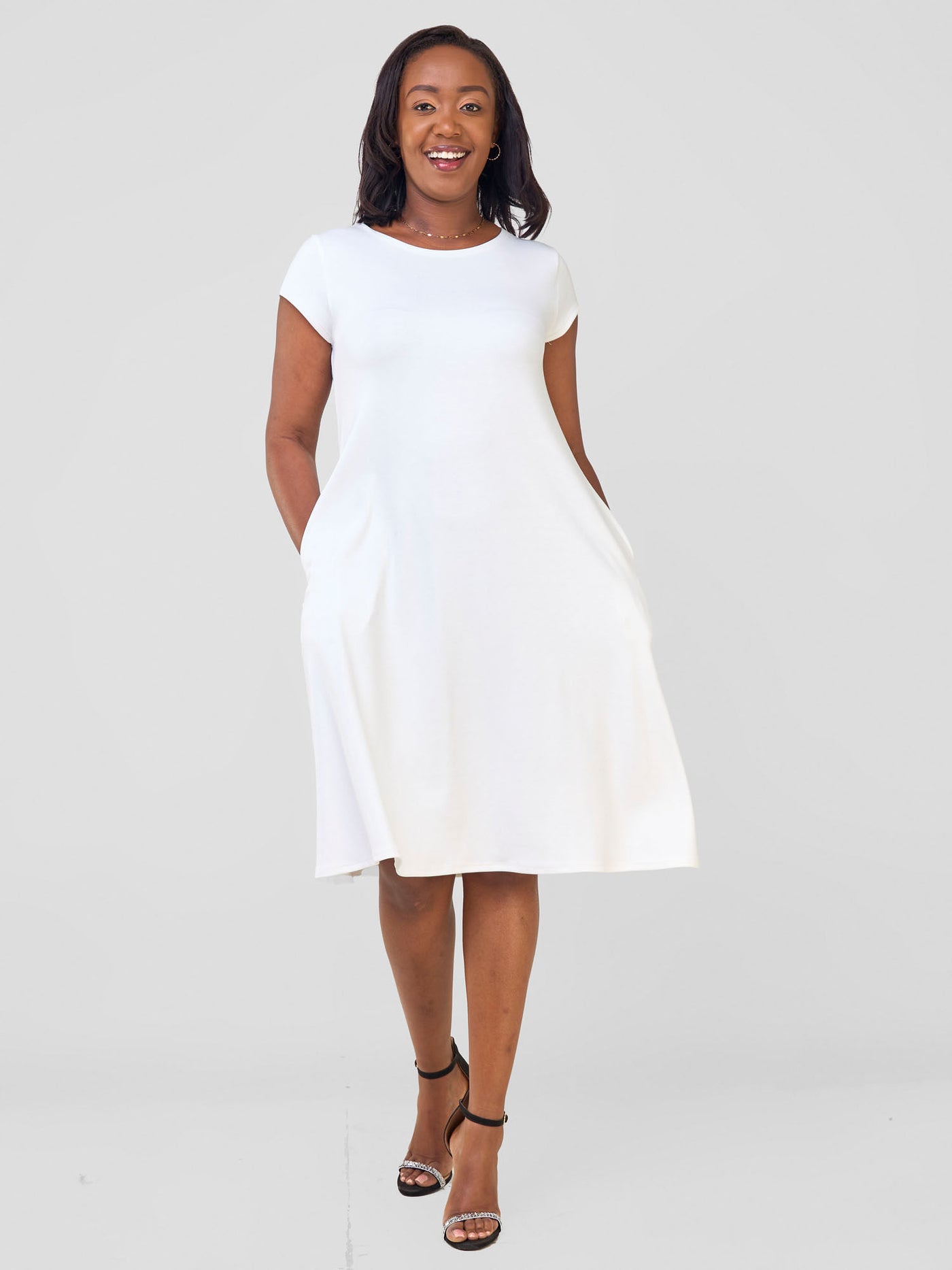 Leila Cap Sleeve Tent Knee Length Dress - White