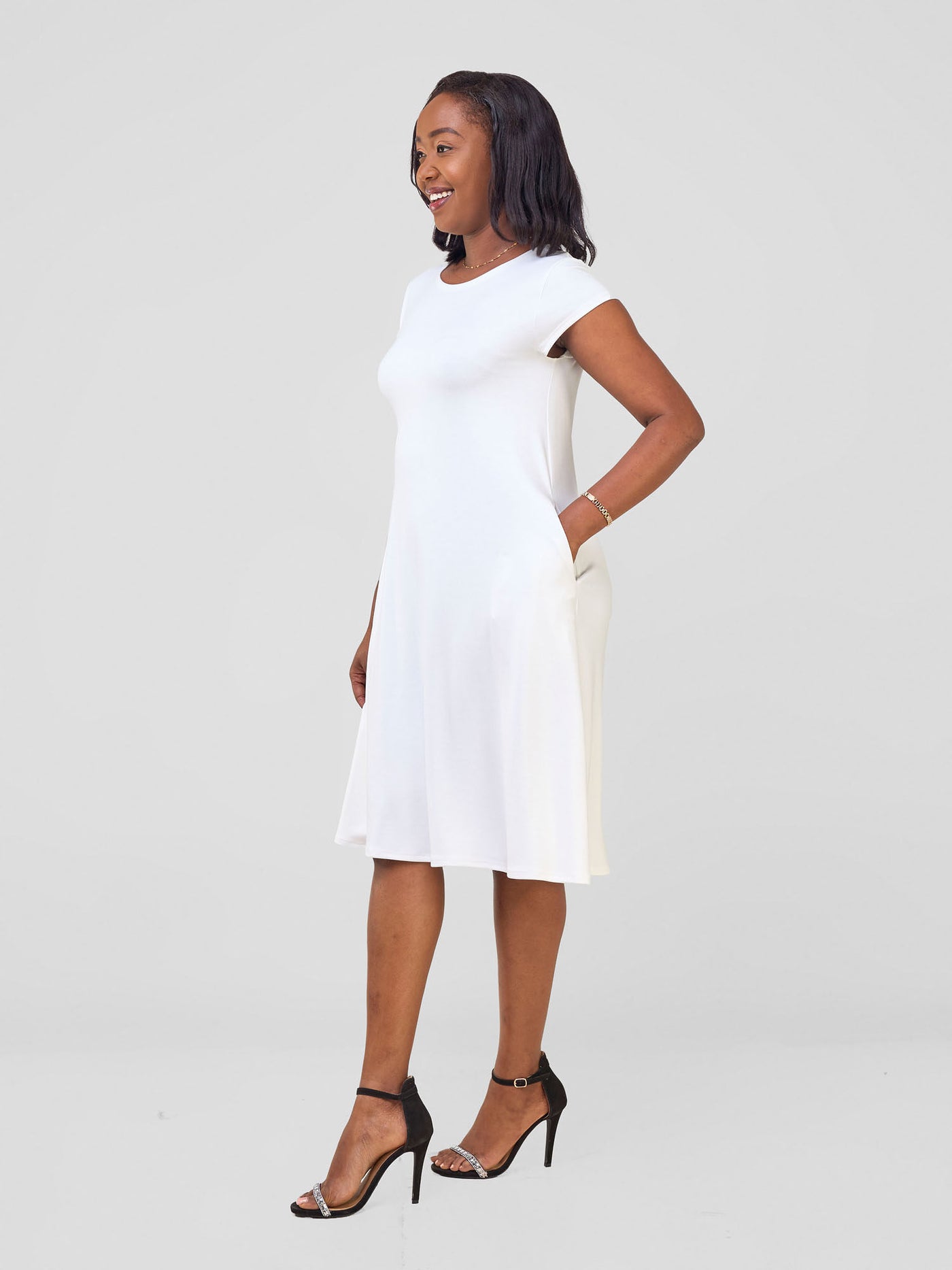 Leila Cap Sleeve Tent Knee Length Dress - White