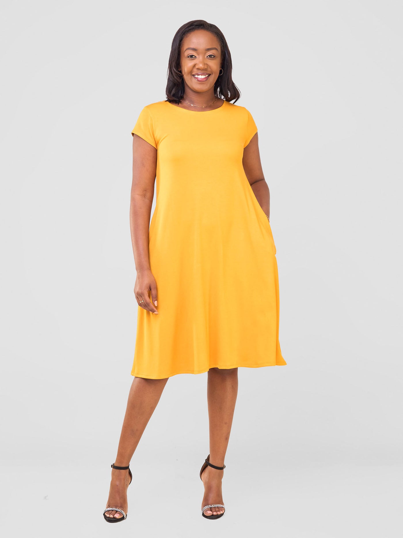 Leila Cap Sleeve Tent Knee Length Dress - Mustard