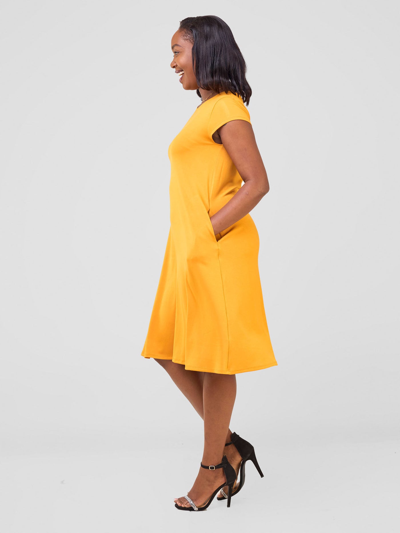 Leila Cap Sleeve Tent Knee Length Dress - Mustard