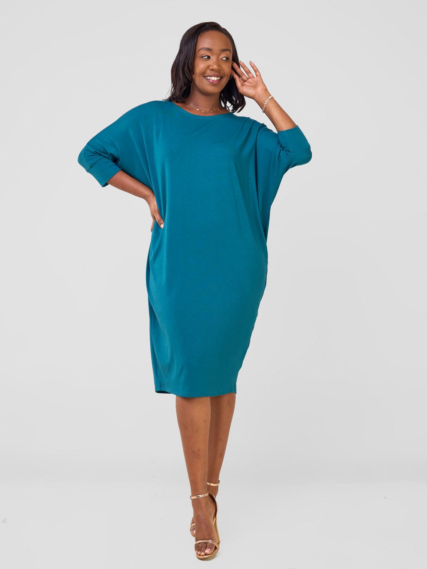 Basic Cuffed Dolman Jersey Dress - Deep Teal