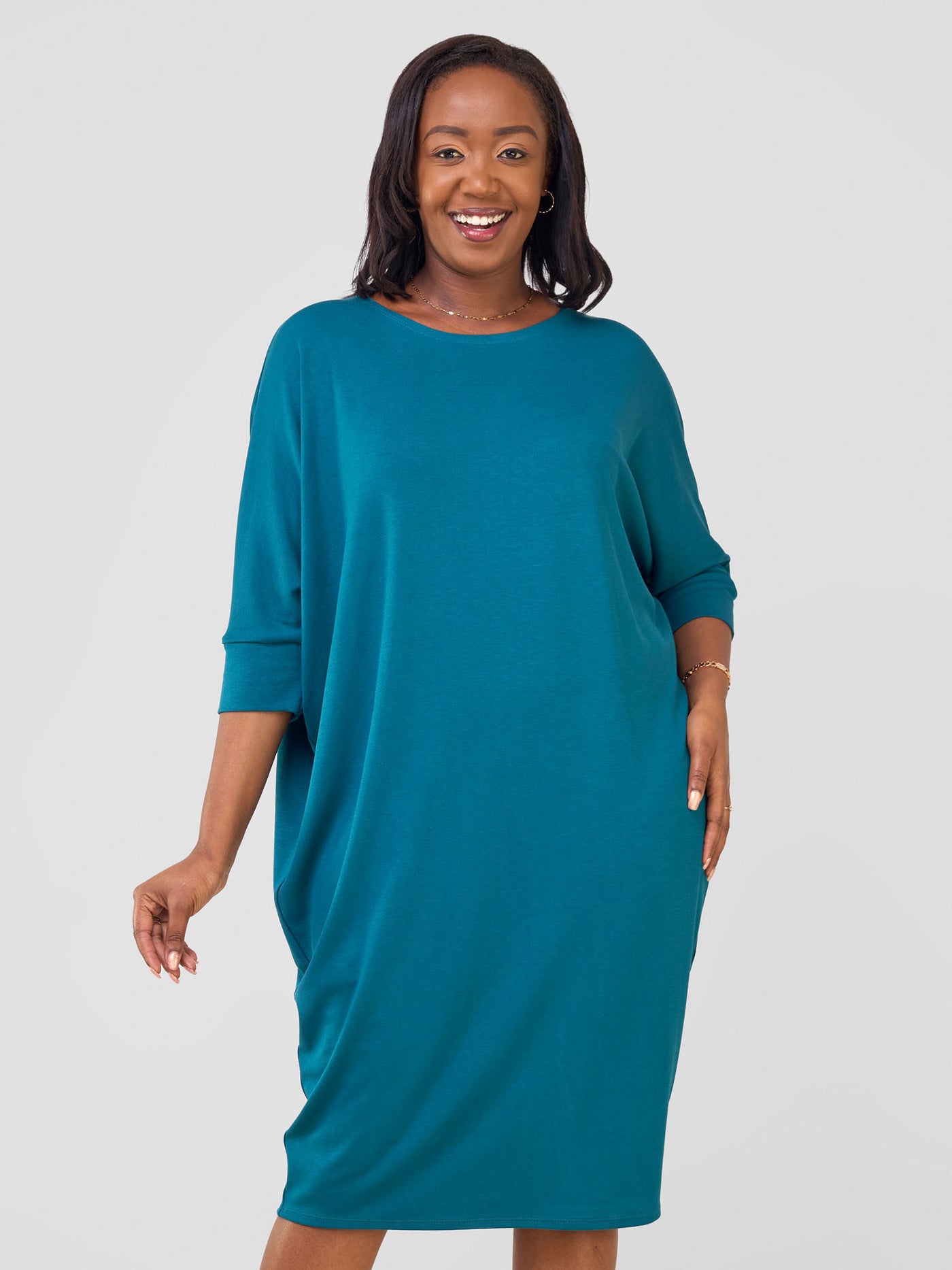 Basic Cuffed Dolman Jersey Dress - Deep Teal