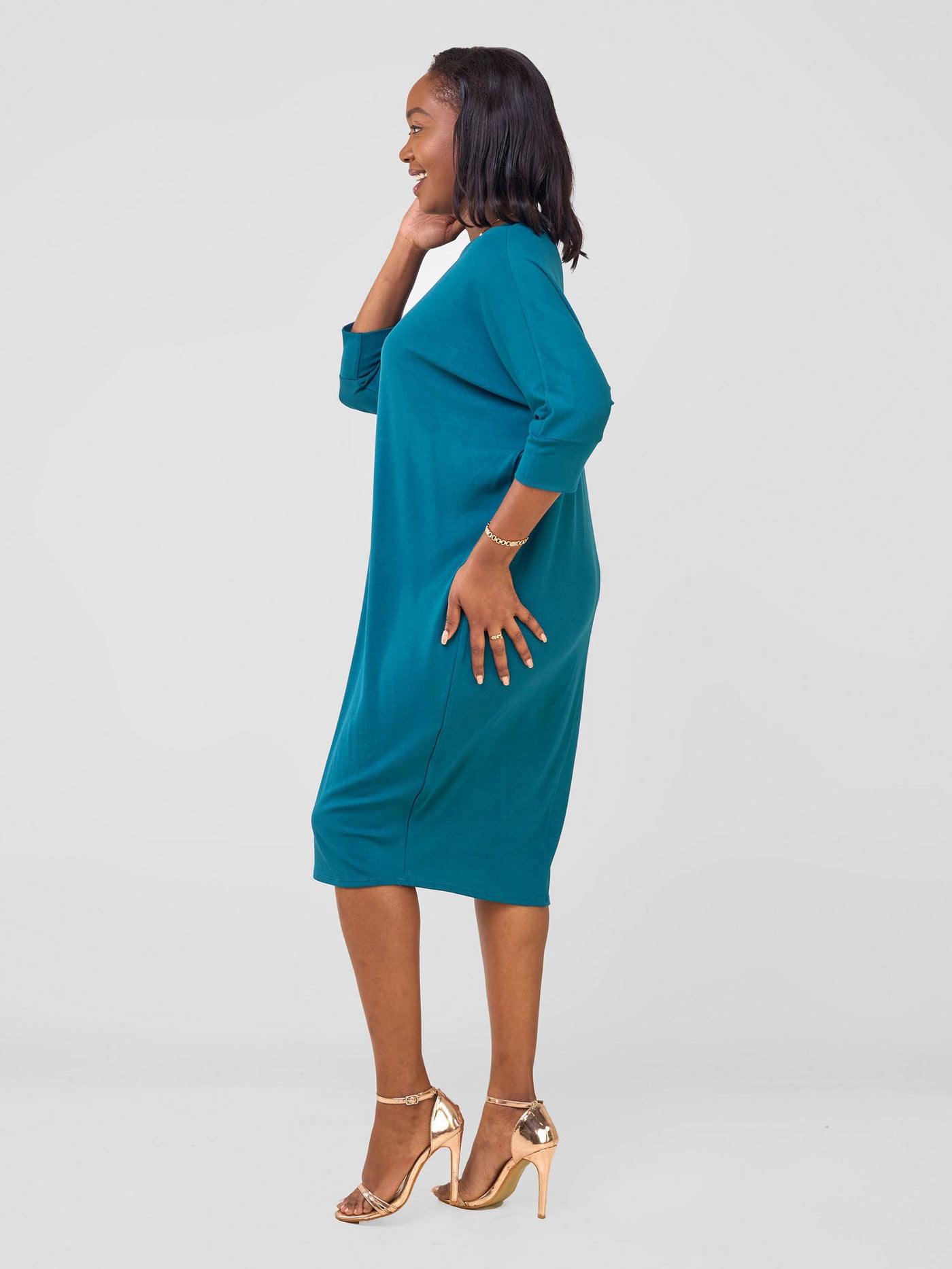 Basic Cuffed Dolman Jersey Dress - Deep Teal