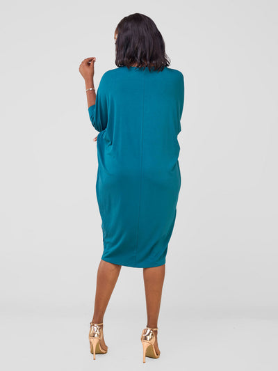 Basic Cuffed Dolman Jersey Dress - Deep Teal