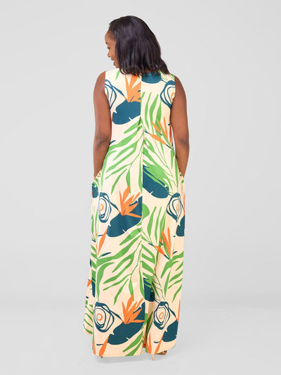 Vivo Lumi Back Pleat Maxi Dress - Green / Orange Deza Print - Shopzetu