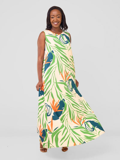 Vivo Lumi Back Pleat Maxi Dress - Green / Orange Deza Print - Shopzetu