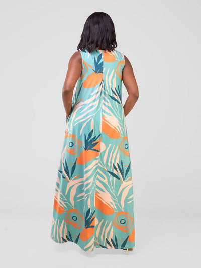 Vivo Lumi Back Pleat Maxi Dress - Orange / Teal Deza Print - Shopzetu