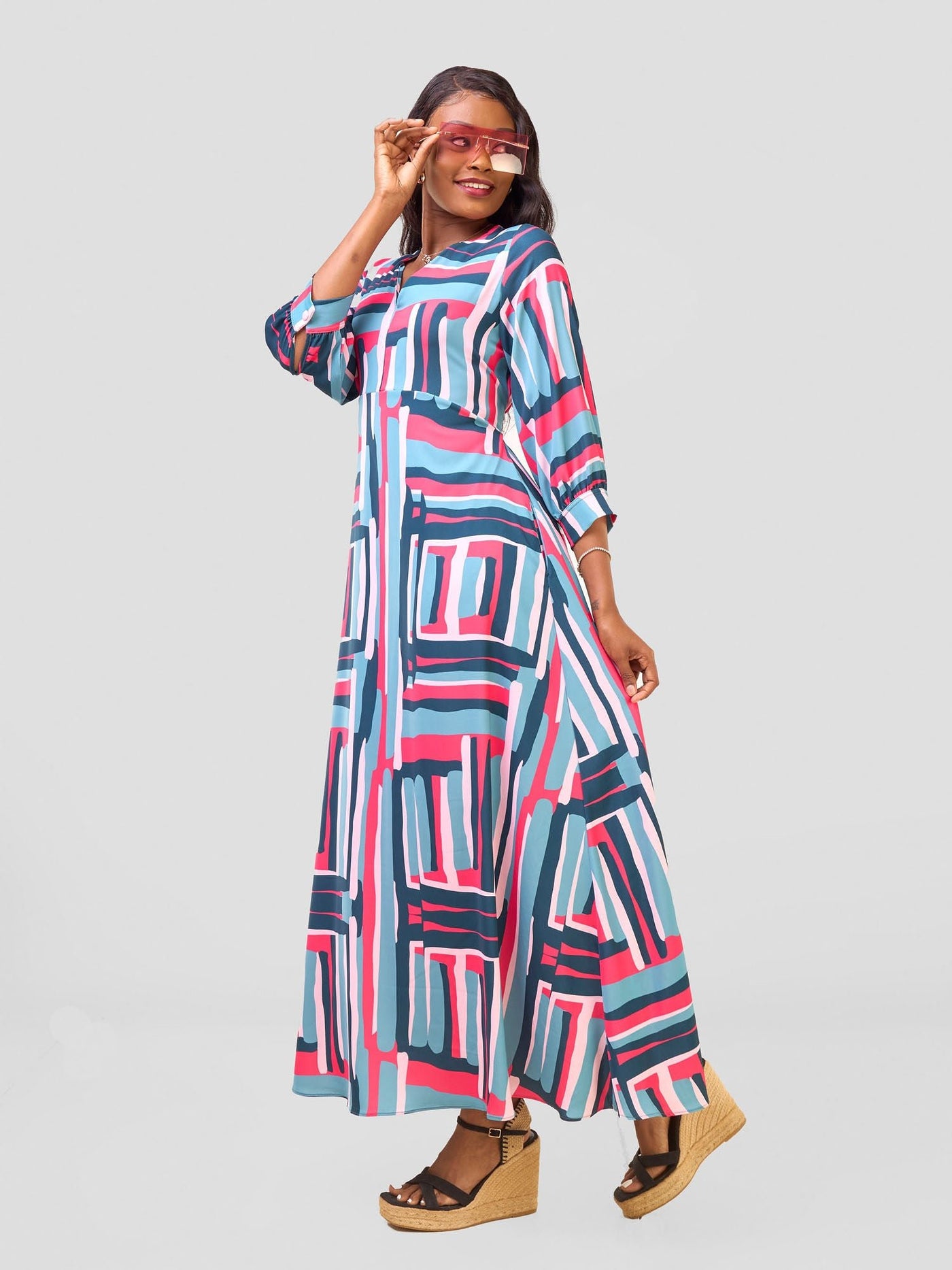 Vivo Hadiya Tie Maxi Dress - Olive / Pink Hadi Print - Shopzetu