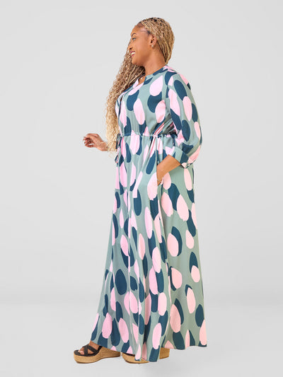 Vivo Hadiya Gathered Maxi Dress - Olive / Teal Diya Print - Shopzetu