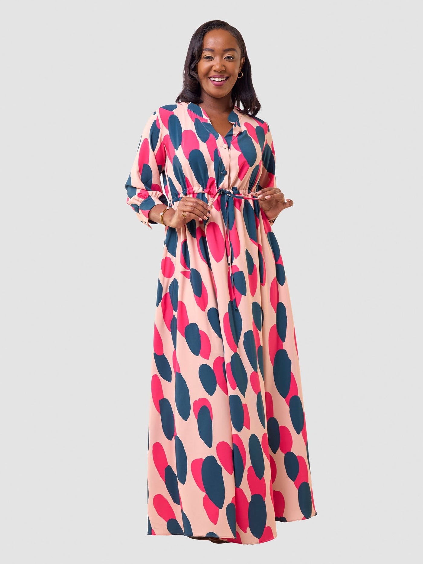 Vivo Hadiya Gathered Maxi Dress - Peach / Teal Diya Print - Shopzetu