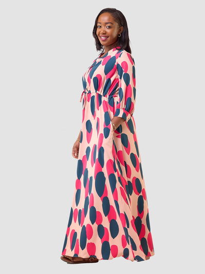 Vivo Hadiya Gathered Maxi Dress - Peach / Teal Diya Print - Shopzetu