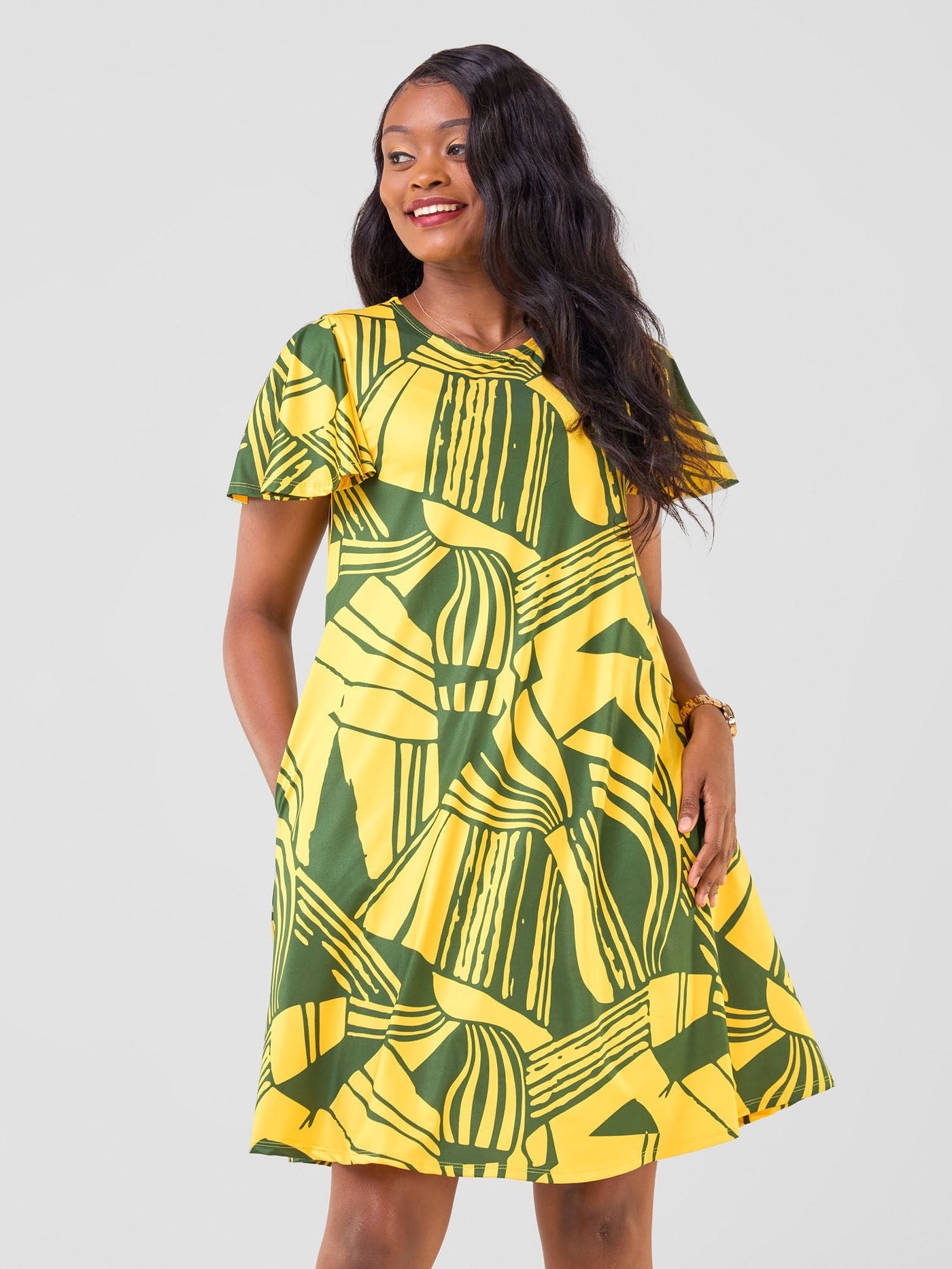 Vivo Ruwa Flounce Sleeve Knee Length Tent Dress - Yellow / Hunters Nila Print - Shopzetu