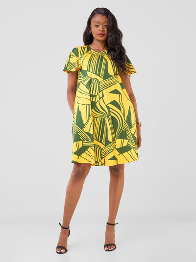 Vivo Ruwa Flounce Sleeve Knee Length Tent Dress - Yellow / Hunters Nila Print - Shopzetu